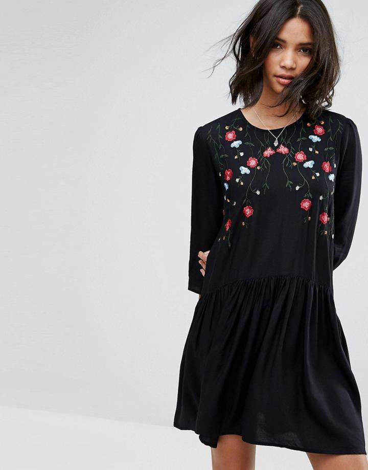 Only Embroidered Smock Dress - Black