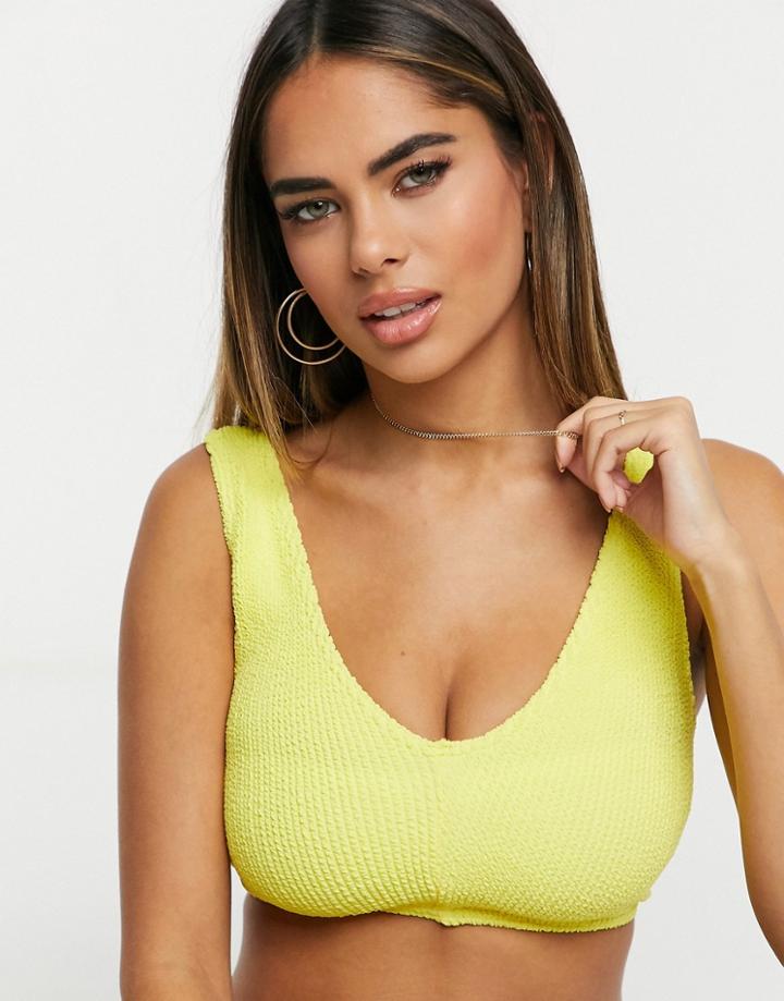 Asos Design Fuller Bust Mix And Match Crinkle V Front Crop Bikini Top In Yellow Dd-f
