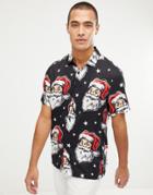Asos Design Christmas Regular Fit Santa Print Shirt In Black - Multi