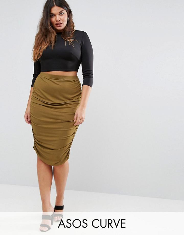 Asos Curve Pencil Skirt With Ruched Side - Green