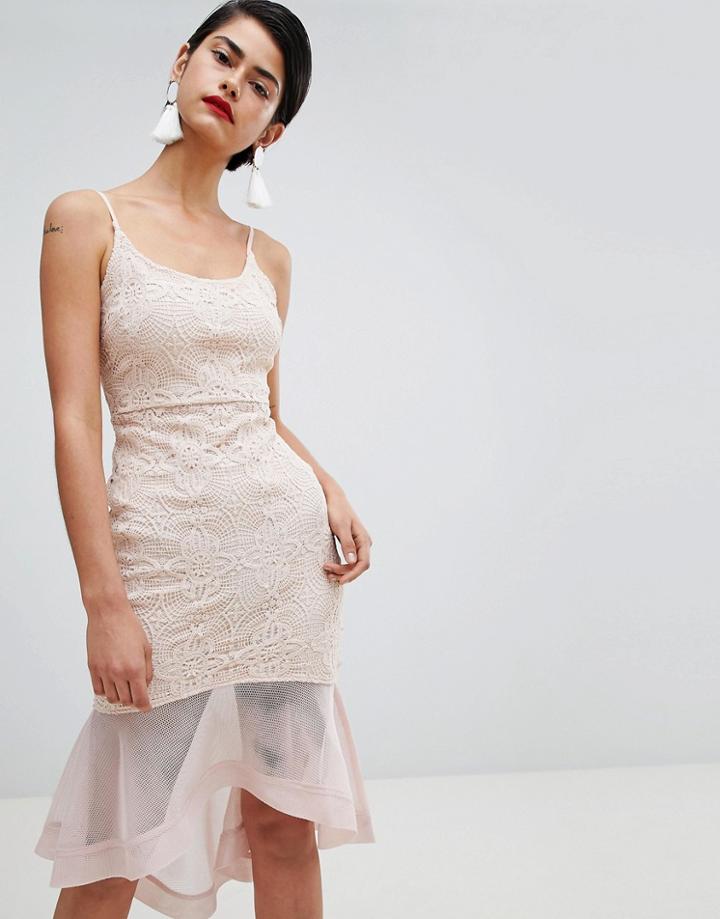 Missguided Strappy Lace Mesh Fishtail Midi Dress - Beige