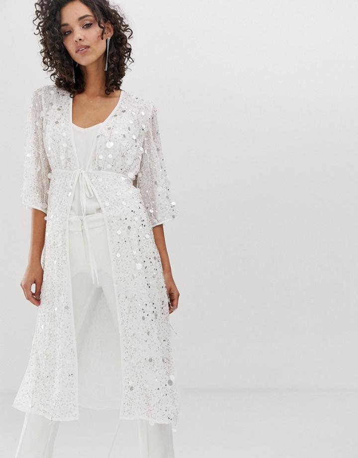 River Island Embellished Tie Front Kimono In White-cream