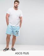 Asos Plus Slim Shorts With Elasticated Waist And Beach Placement Print - Blue