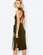 Lavish Alice Rib Knit Open Back Wrap Tie Midi Dress - Khaki