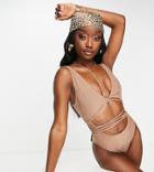 South Beach Cut Out Wrap Around Swimsuit In Textured Rib In Sand-neutral