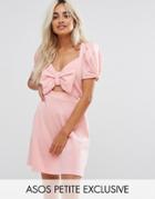 Asos Petite Skater Dress With Bow Detail And Puff Sleeves - Multi