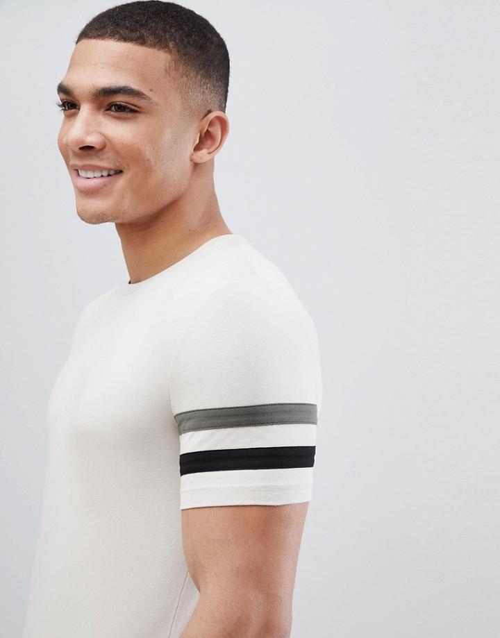 Asos Design Muscle Fit T-shirt With Contrast Sleeve Panels - Beige