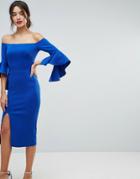 True Violet Bardot Pencil Dress With Extreme Sleeve Detail - Blue