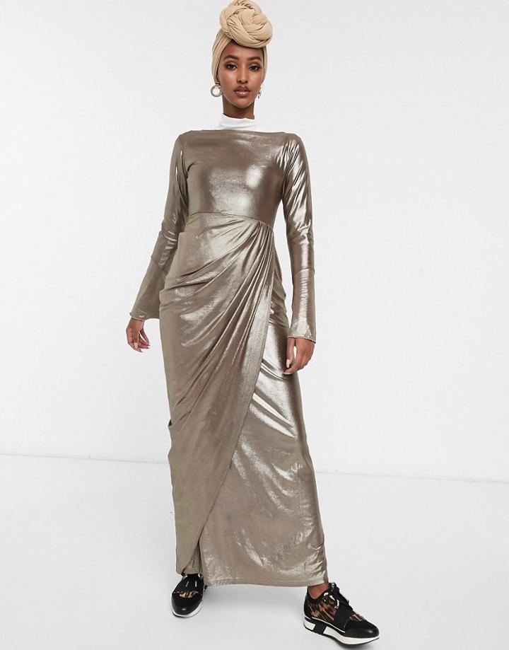 Verona Maxi Dress With Drape Wrap Front In Silver Glitter-black