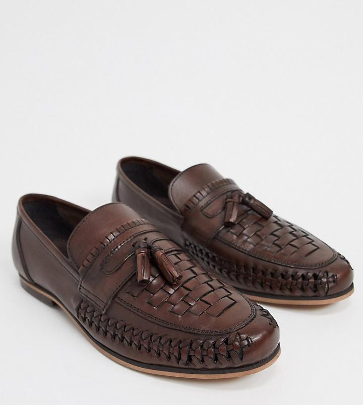 Asos Design Wide Fit Loafers In Woven Brown Leather With Tassel Detail