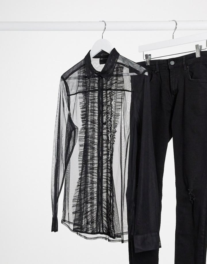Asos Design Regular Fit Ruffle Front Mesh Shirt In Black