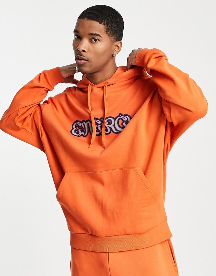 Asos Design Oversized Hoodie In Orange With Energy Text Print - Part Of A Set