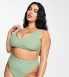 Asos Design Curve Mix-and-match Rib High Leg High Waist Bikini Bottom In Khaki-green