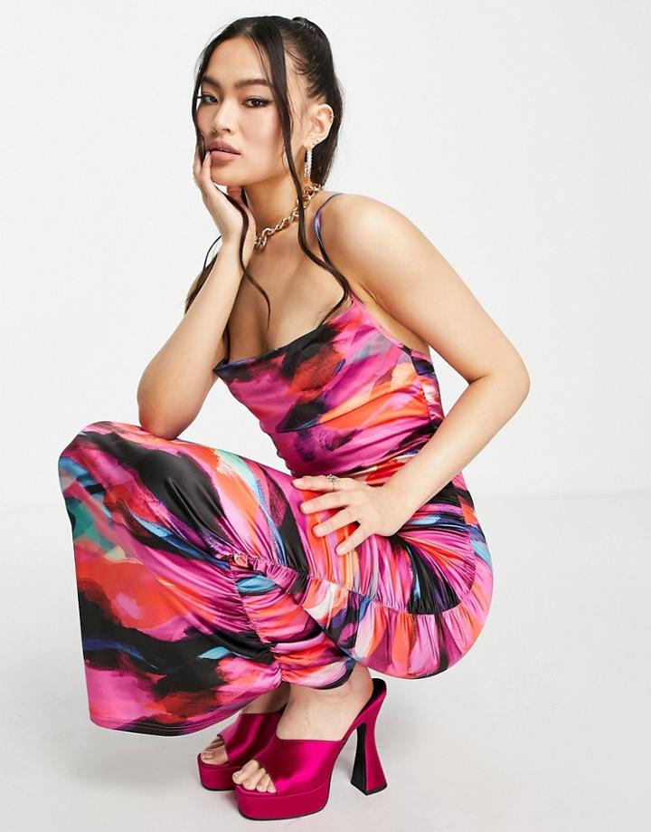 Asos Design Cowl Ruched Satin Maxi Dress In Smudge Print-multi