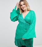Asos Design Curve Jacquard Wrap Top With Fringe - Green