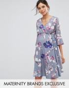 Bluebelle Maternity Flared Sleeve Wrap Front Skater Dress In Floral - Multi