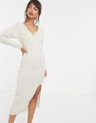 Asos Design Knit Rib Midi Dress With Wrap Detail-stone