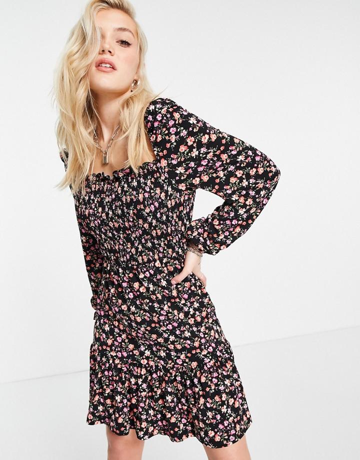 Lipsy Shirred Square Neck Mini Dress In Floral Print-multi