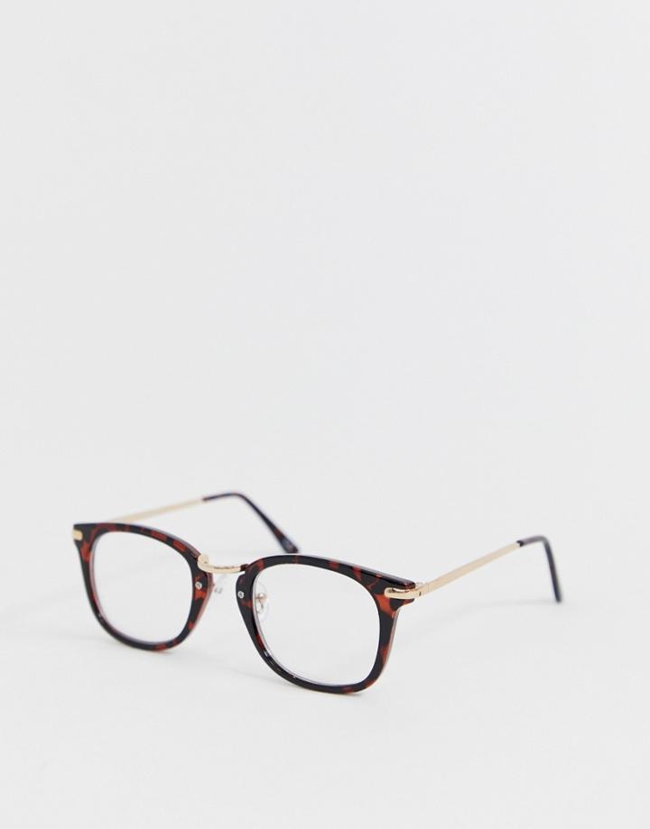 Asos Design Tort Glasses In Brown With Clear Lens And Gold Metal Detail - Brown