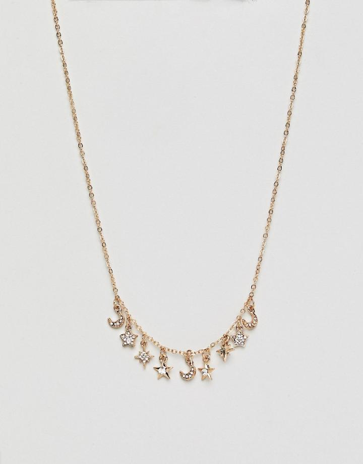 Asos Design Necklace With Moon And Star Charms In Gold - Gold