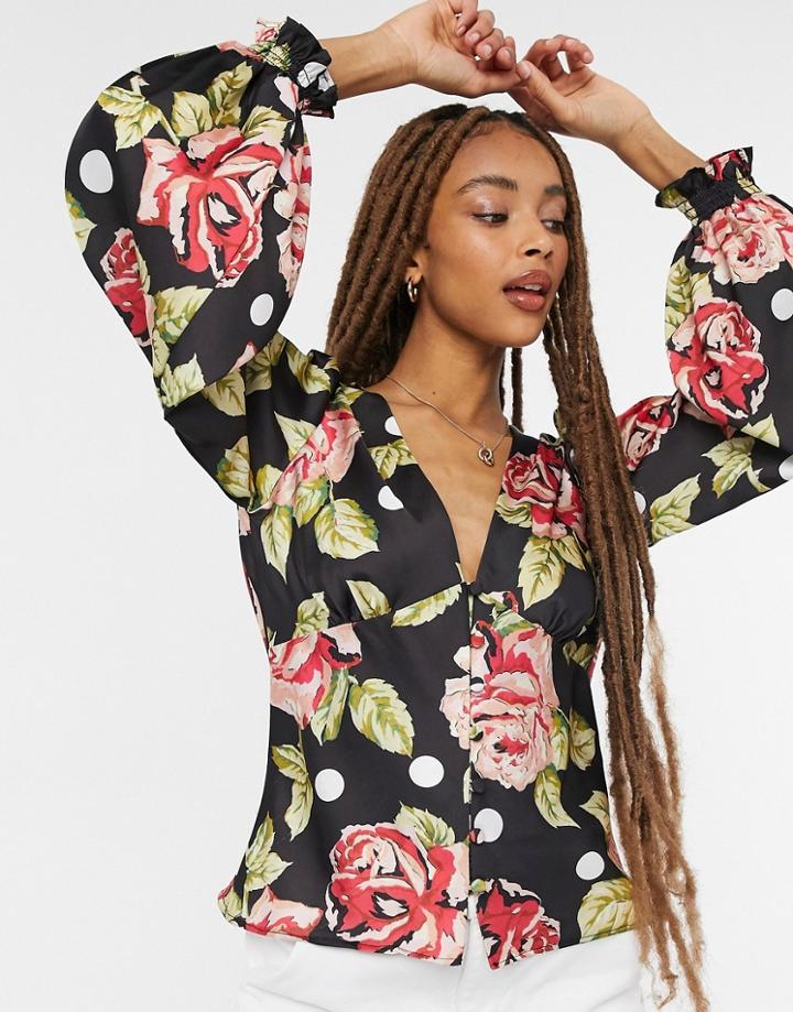 Asos Design Button Through Blouse With Shirred Sleeves In Rose Print-multi