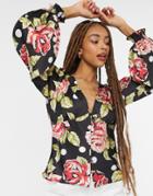 Asos Design Button Through Blouse With Shirred Sleeves In Rose Print-multi