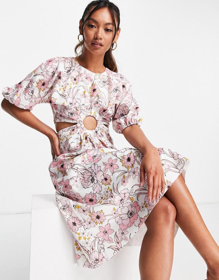 Asos Design Cut Out Ring Skater Midi Dress In Floral Print-multi