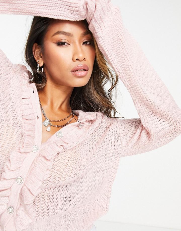 Violet Romance Frill Collar Cardigan With Pearl Buttons In Dusky Pink