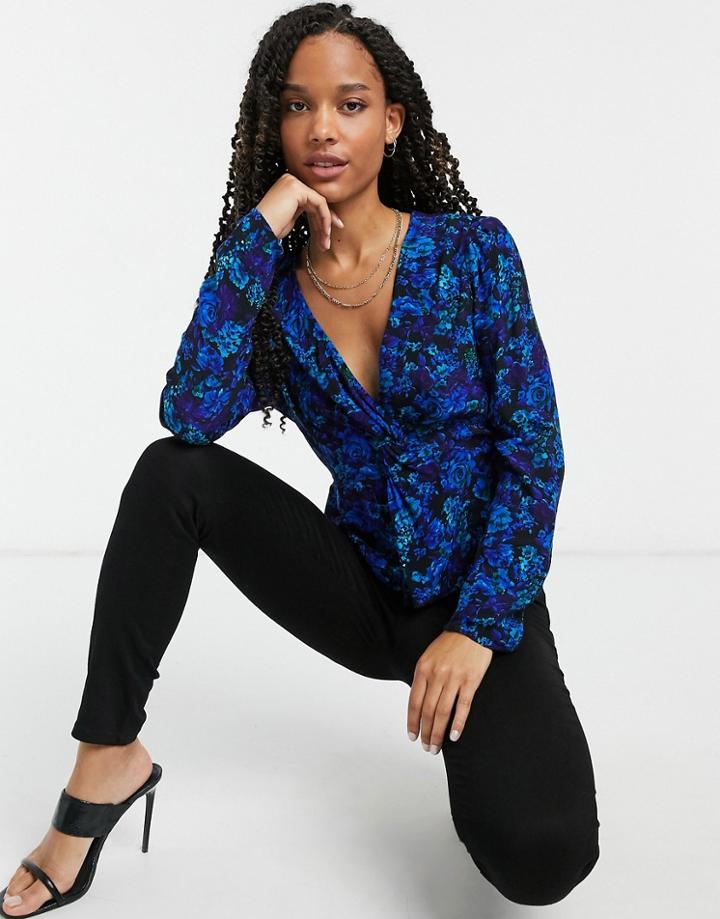 River Island Floral Print Wrap Blouse In Blue-brown