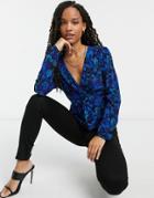 River Island Floral Print Wrap Blouse In Blue-brown