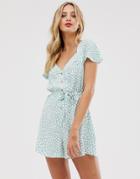 Asos Design Button Front Frill Sleeve Romper In Animal Print - Multi
