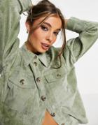 Stradivarius Oversized Boyfriend Corduroy Shirt In Khaki-green