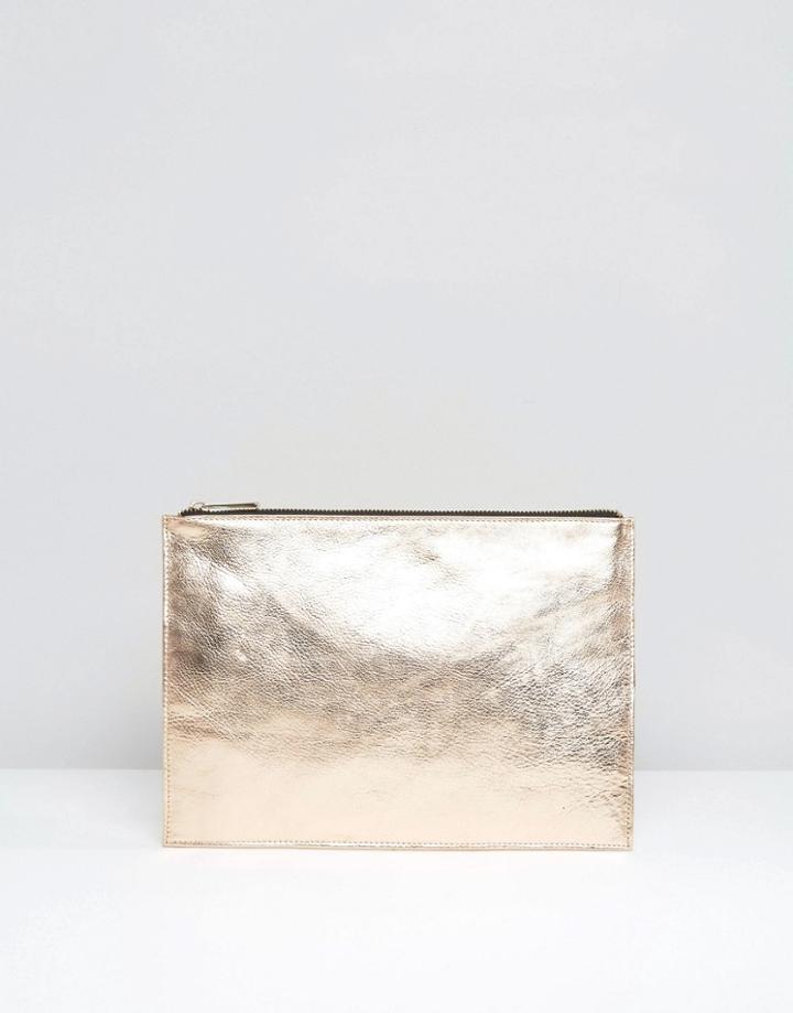 Asos Metallic Leather Zip Top Clutch Bag - Copper