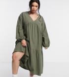 Lola May Curve Tiered Smock Dress In Khaki-green
