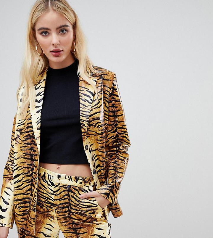 Unique21 Oversized Boyfriend Blazer In Pu Tiger Print Two-piece - Brown