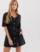 Boohoo Button Through Mini Dress With Tie Waist In Black - Black