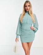 Rare London Ruched Mini Dress With Balloon Sleeves In Sage-green
