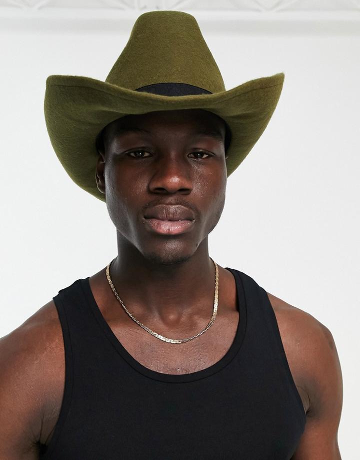 Asos Design Structured Cowboy Hat In Khaki-green