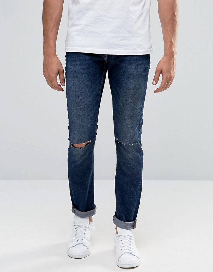 Troy Skinny Ripped Knee Jeans - Blue