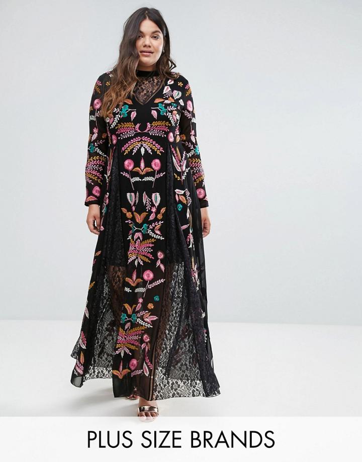 Frock And Frill Plus Embroidered Maxi Dress With Lace Insert - Black