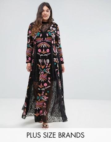 Frock And Frill Plus Embroidered Maxi Dress With Lace Insert - Black