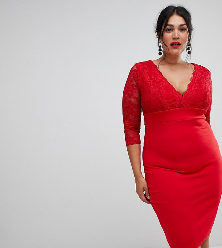 City Goddess Plus 3/4 Sleeve Lace Midi Dress - Red