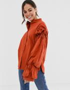 Ghospell Oversized Puff Sleeve Blouse-orange