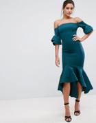 Asos Premium Bardot Bodycon Pephem Midi Dress - Green