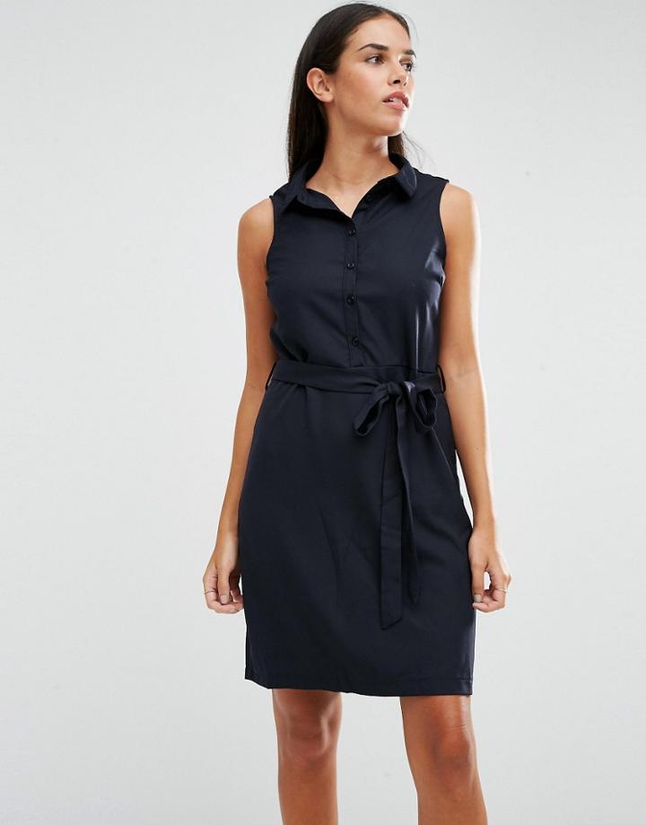 Ax Paris Sleeveless Shirt Dress With Drawstring Waist - Navy