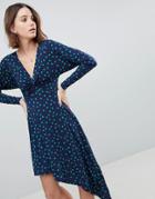 Asos Design Midi Dress In Polka Dot With Knot Front And Asymmetric Hem - Multi