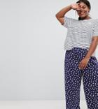 Asos Design Curve Stripe Tee And Floral Wide Leg Pyjama Set - Navy