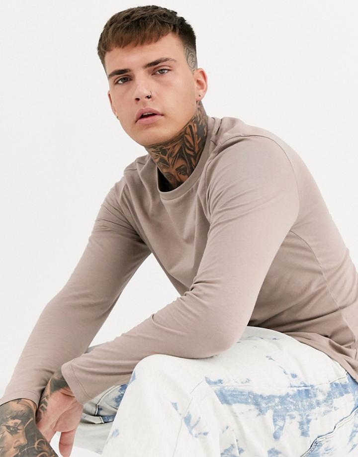 Asos Design Organic Long Sleeve T-shirt With Crew Neck In Beige