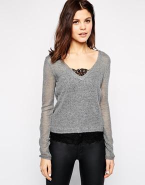 Warehouse V Neck Sweater With Lace Cami Top - Gray