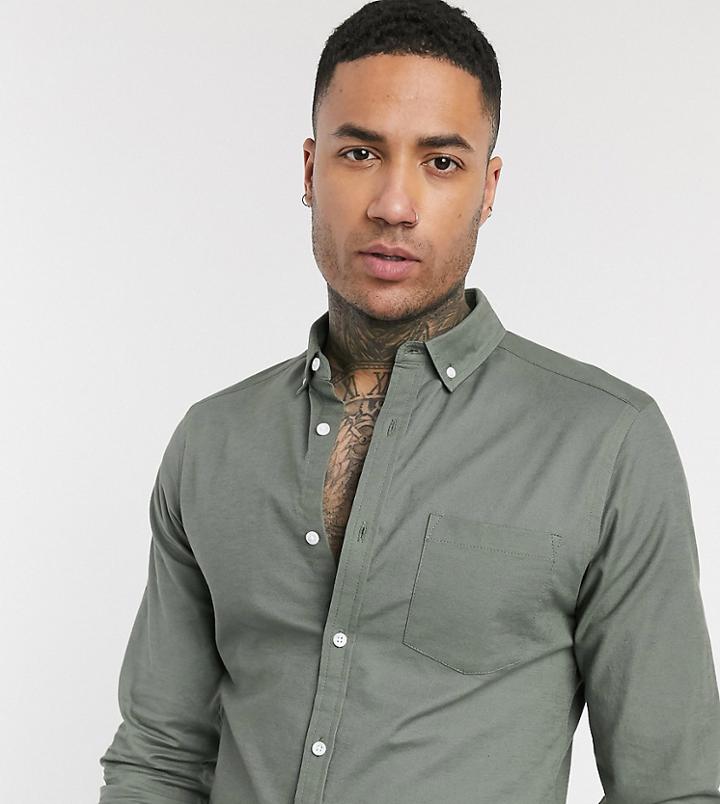 Asos Design Tall Slim Fit Oxford Shirt In Khaki-green